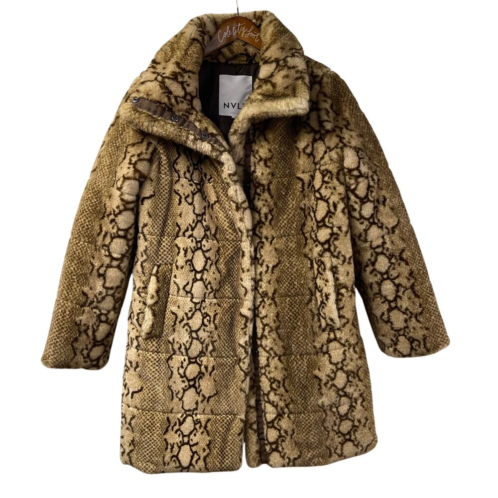 NVLT Faux Fur Coat Python Snake Print Pattern S Jacket Snap Close Plush Warm